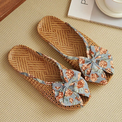 Rattan Woven Linen Bow-knot House Slippers - Grey - L - image 11