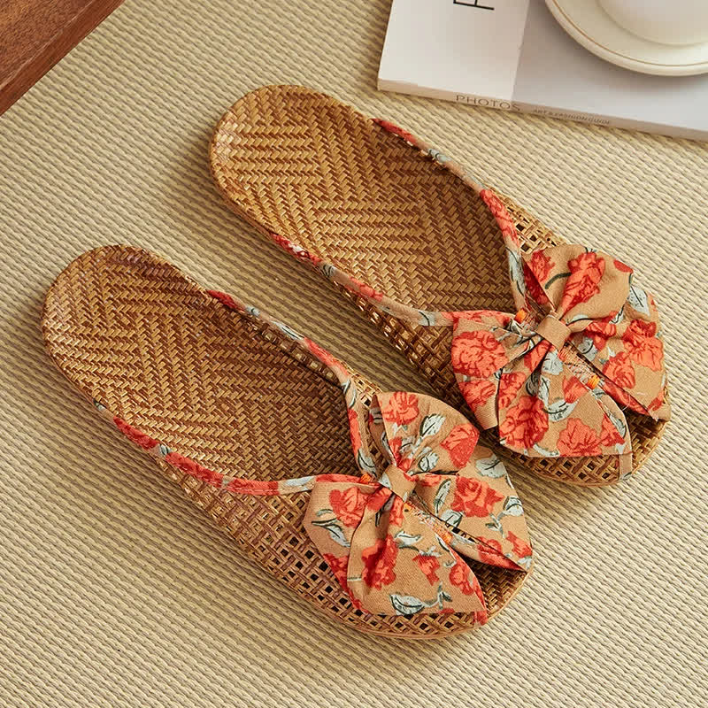Rattan Woven Linen Bow-knot House Slippers - Orange - L - image 7