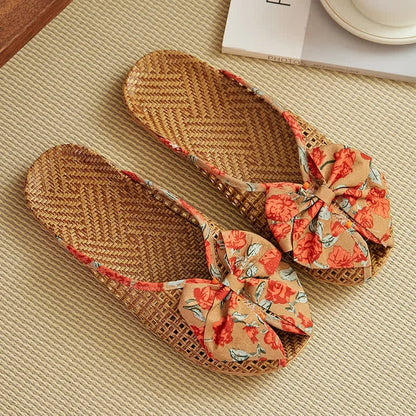 Rattan Woven Linen Bow-knot House Slippers - Orange - L - image 7