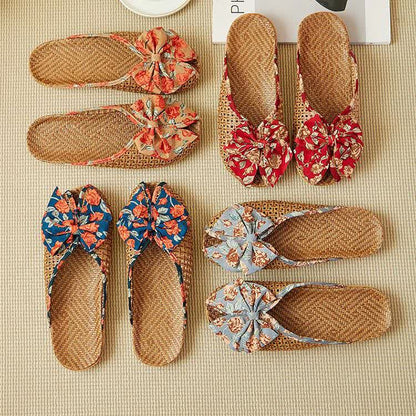 Rattan Woven Linen Bow-knot House Slippers - image 1