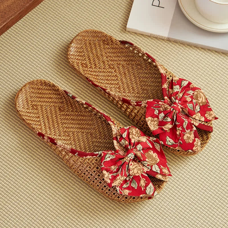 Rattan Woven Linen Bow-knot House Slippers - Red - L - image 4