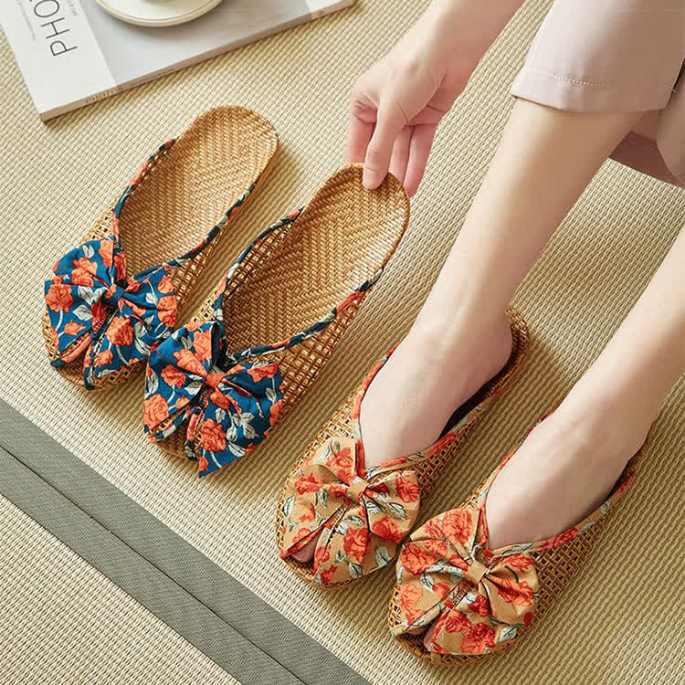 Rattan Woven Linen Bow-knot House Slippers - image 2