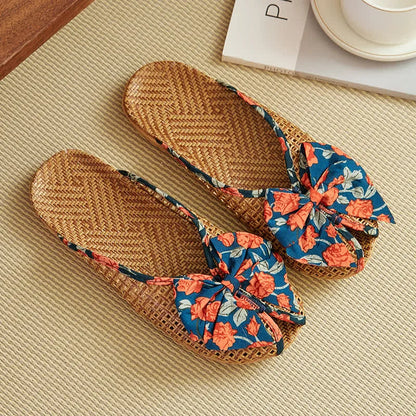 Rattan Woven Linen Bow-knot House Slippers - Dark Blue - L - image 12