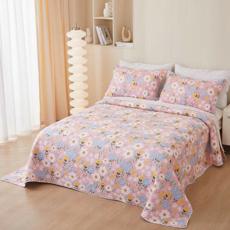 Cotton Country Style Floral Coverlet - Pink - Coverlet with 2PCS Pillowcases - Queen - image 1