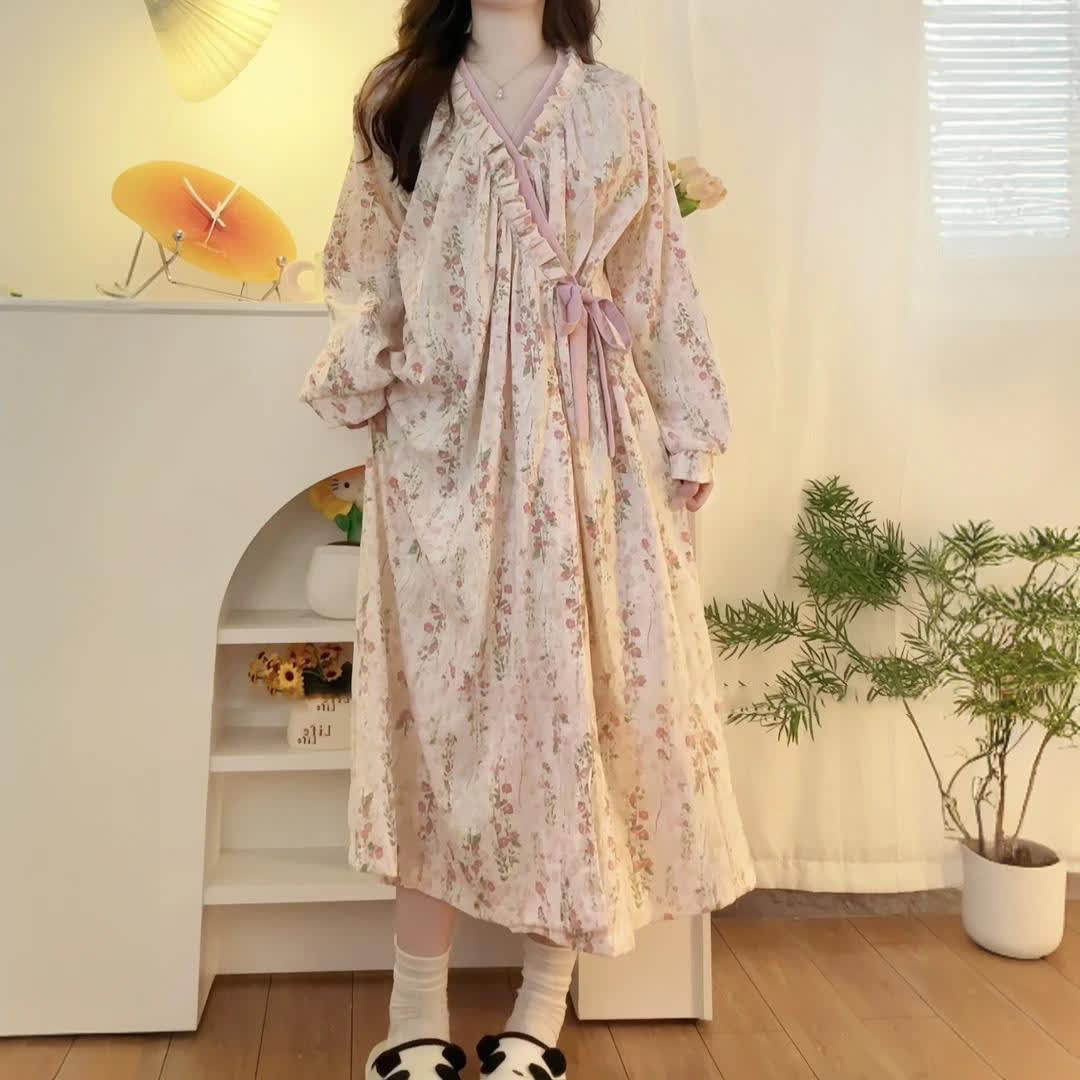 Floral V-neckline Soft Long Nightgown - One Size - image 0
