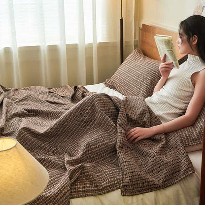 Cotton Gauze Elegant Plaid Quilt - Coffee - 2PCS Pillow towels - 19" x 31" - image 3