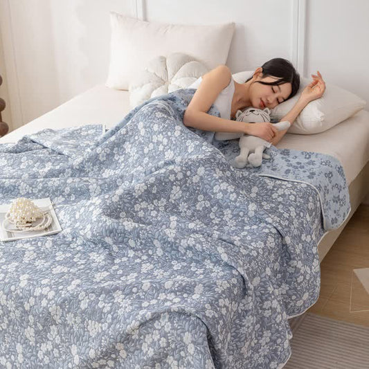 Cotton Gauze Floral Jacquard Reversible Quilt - Blue - Queen - image 0