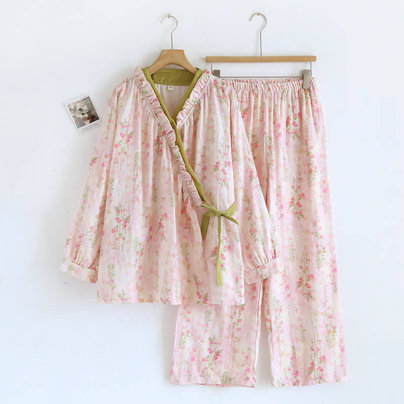 Rose Print Cotton Gauze Asymmetric Front Loungewear Set - XL - image 0