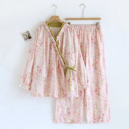 Rose Print Cotton Gauze Asymmetric Front Loungewear Set - XL - image 0