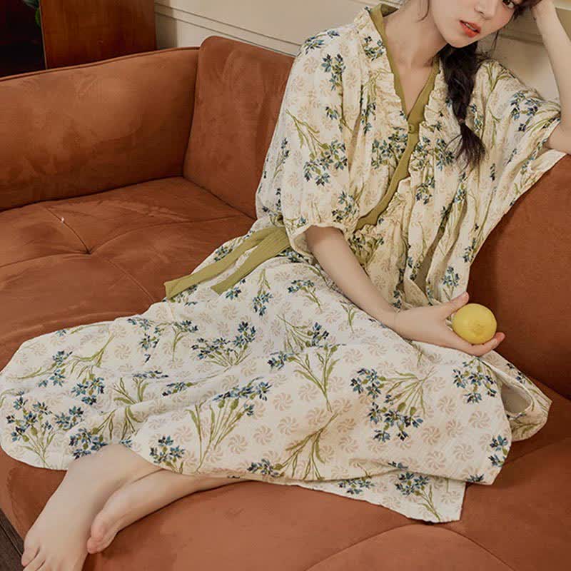 Pastoral Padded Short Sleeve Tie-Back Nightgown with Pocket - image 1