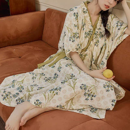 Pastoral Padded Short Sleeve Tie-Back Nightgown with Pocket - image 1