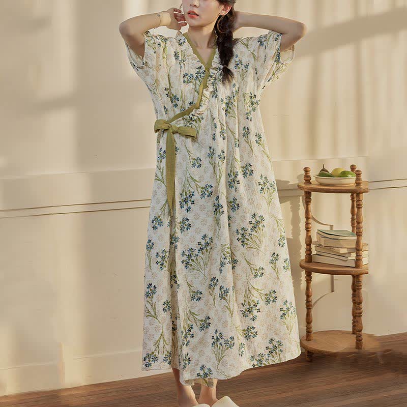 Pastoral Padded Short Sleeve Tie-Back Nightgown with Pocket - image 3