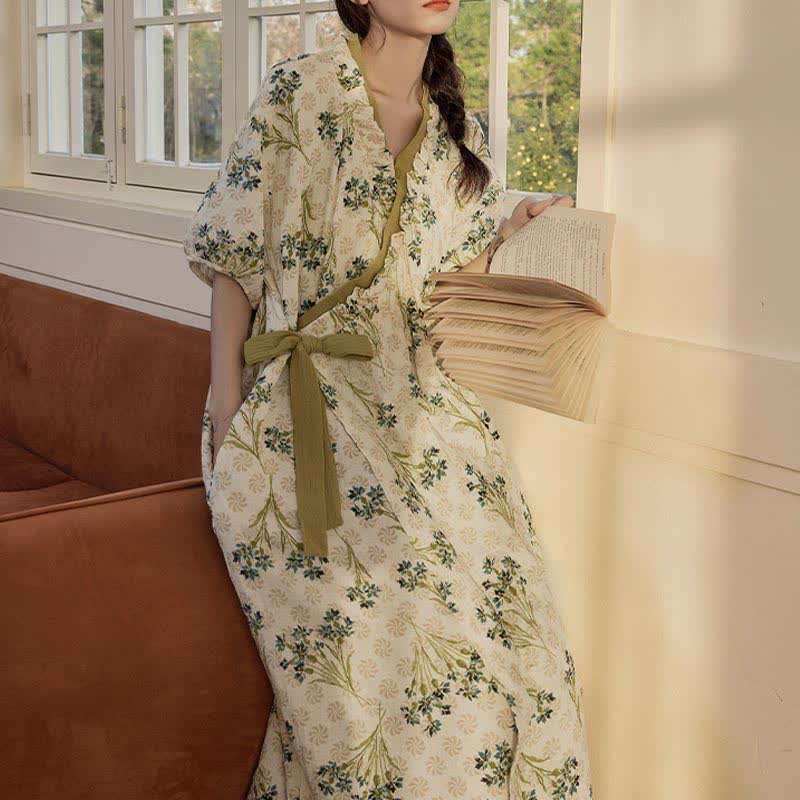 Pastoral Padded Short Sleeve Tie-Back Nightgown with Pocket - image 6