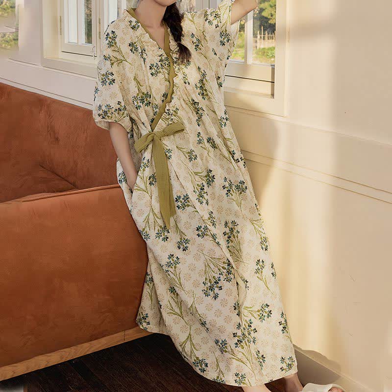 Pastoral Padded Short Sleeve Tie-Back Nightgown with Pocket - image 4
