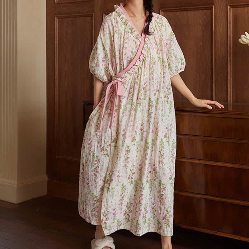 Elegant Floral Print Tie-Back Nightgown with Pocket - image 1