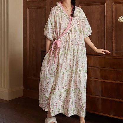 Elegant Floral Print Tie-Back Nightgown with Pocket - image 1