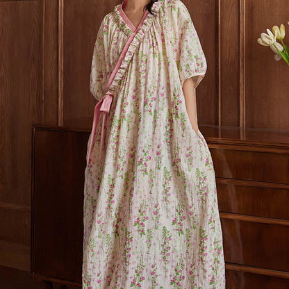 Elegant Floral Print Tie-Back Nightgown with Pocket - image 2