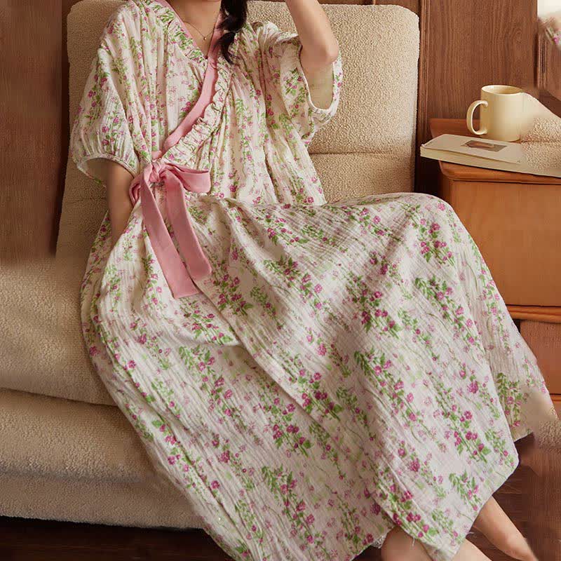 Elegant Floral Print Tie-Back Nightgown with Pocket - image 3