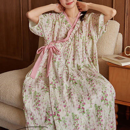 Elegant Floral Print Tie-Back Nightgown with Pocket - image 7