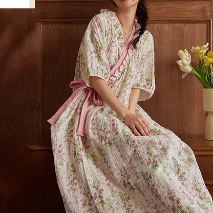Elegant Floral Print Tie-Back Nightgown with Pocket - image 6