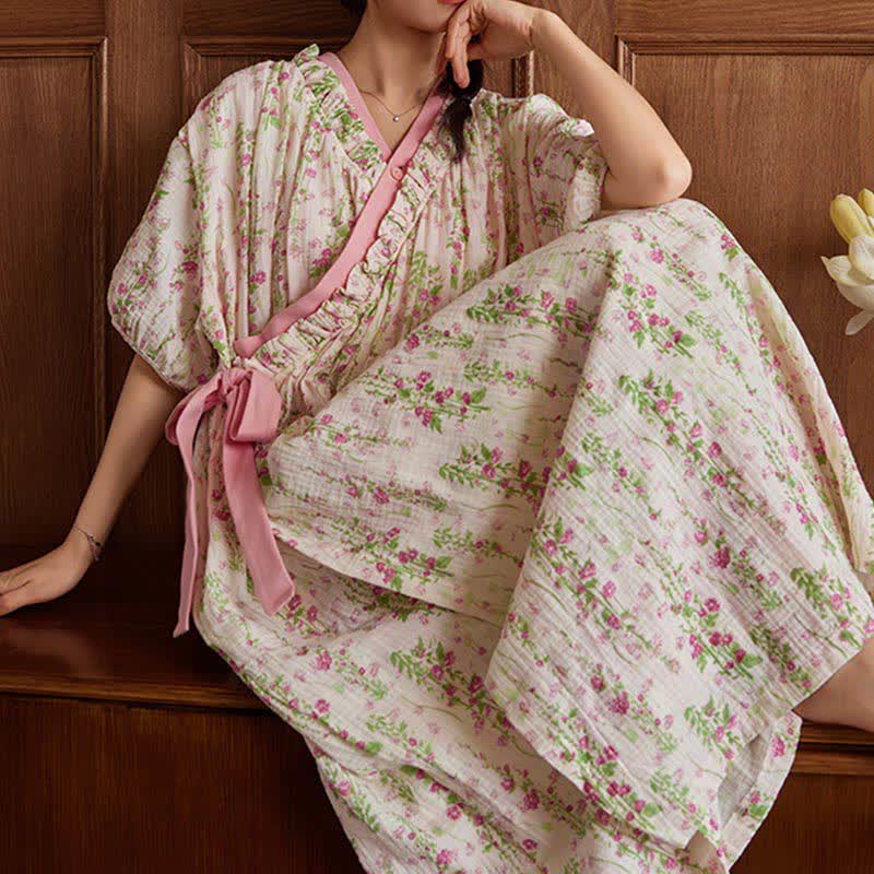 Elegant Floral Print Tie-Back Nightgown with Pocket - image 5
