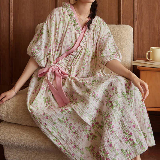 Elegant Floral Print Tie-Back Nightgown with Pocket - XXL - image 0