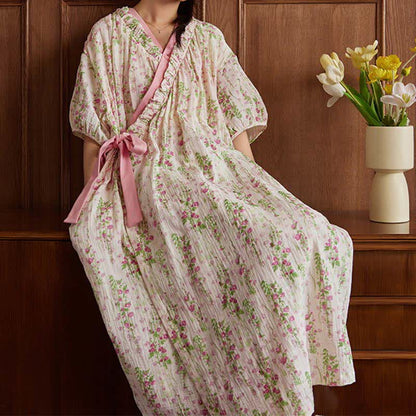 Elegant Floral Print Tie-Back Nightgown with Pocket - image 4