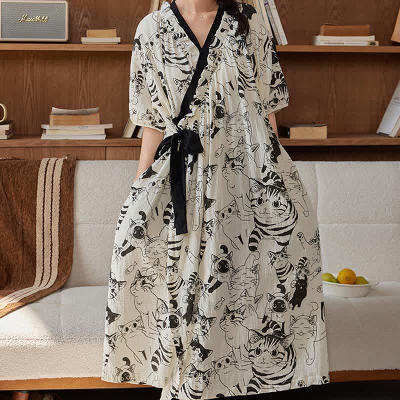 Country Style Padded Tie Nightgown with Pocket - image 2