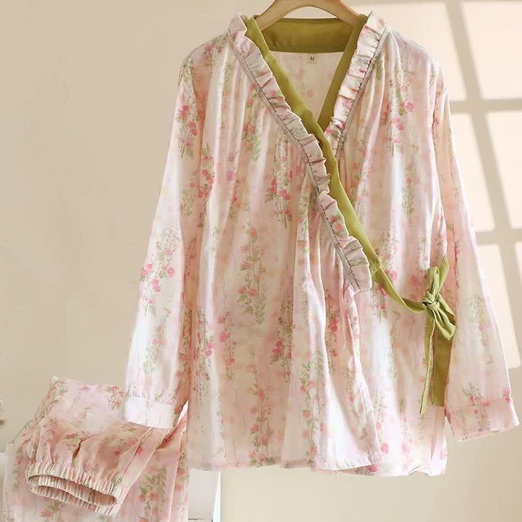 Rose Print Cotton Gauze Asymmetric Front Loungewear Set - image 1