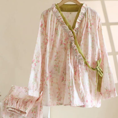 Rose Print Cotton Gauze Asymmetric Front Loungewear Set - image 1