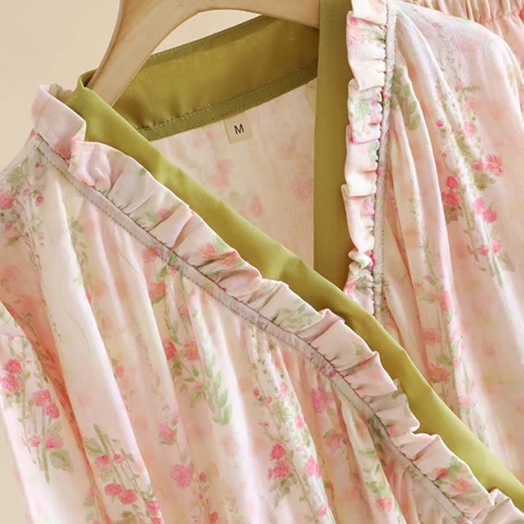 Rose Print Cotton Gauze Asymmetric Front Loungewear Set - image 2