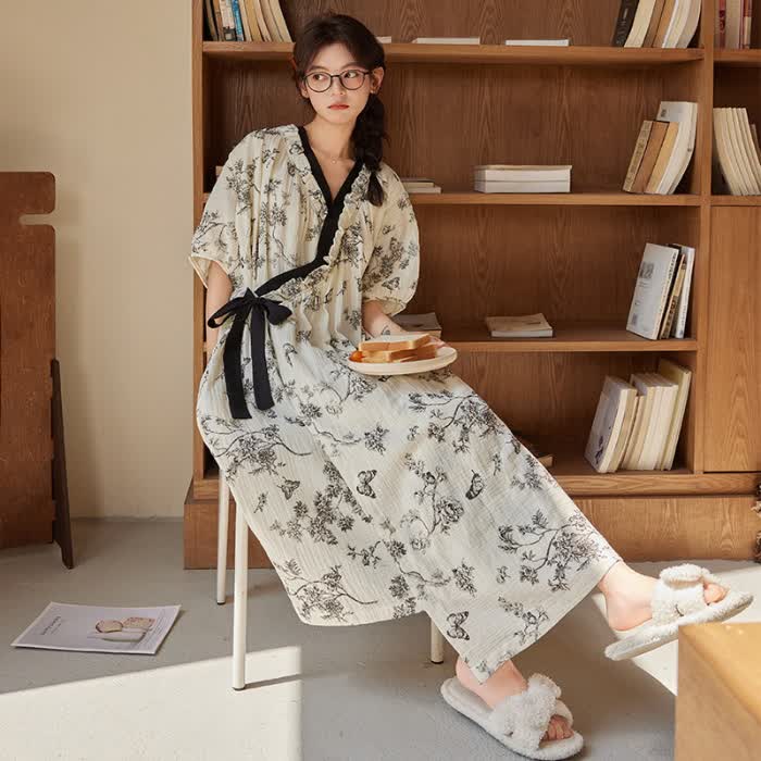 Floral Butterfly Print Padded Tie Nightgown with Pocket - image 2