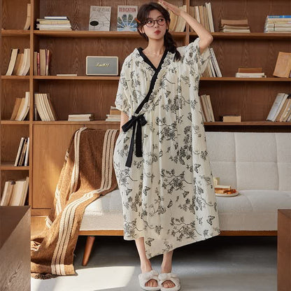 Floral Butterfly Print Padded Tie Nightgown with Pocket - image 1