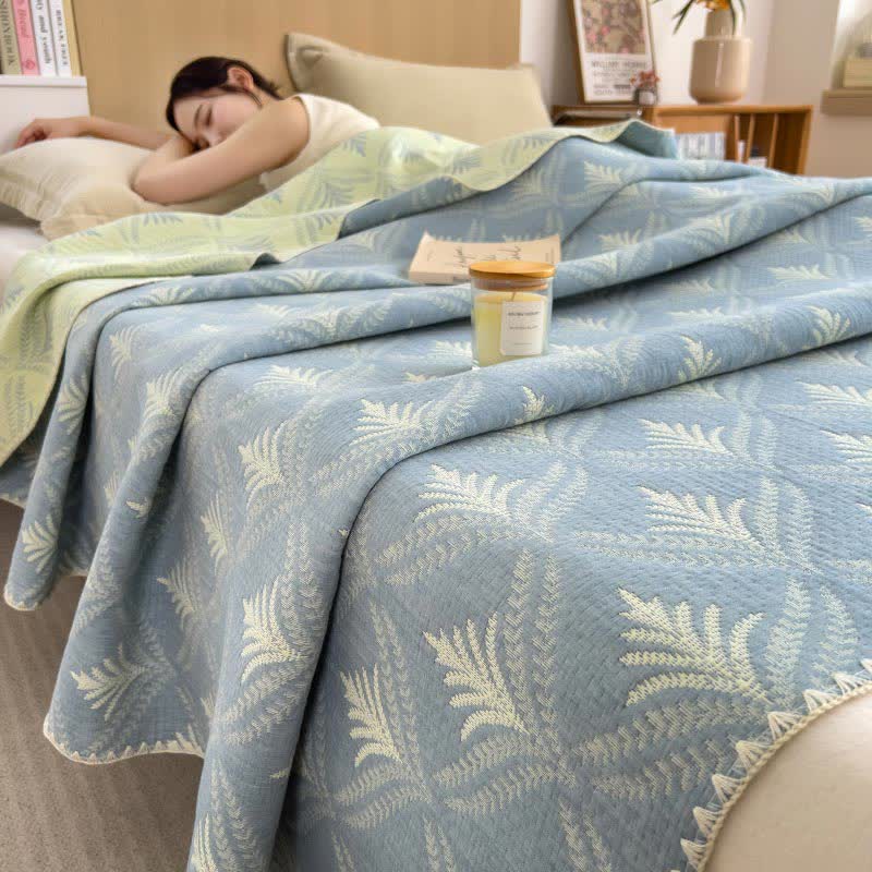 Pine Branch Cotton Gauze Reversible Bedspread - Blue - Queen - image 0
