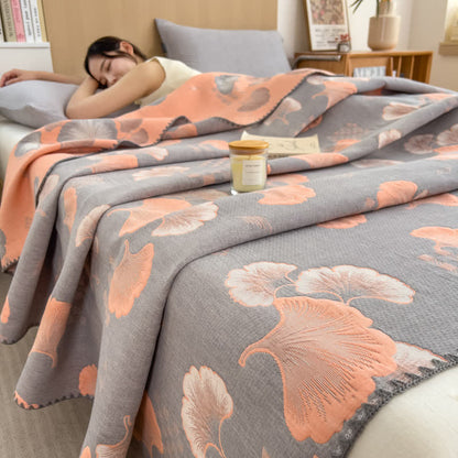 Ginkgo Leaf Cotton Layers Gauze Reversible Coverlet - Grey&Orange - Queen - image 6