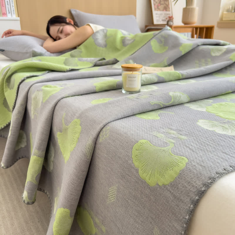 Ginkgo Leaf Cotton Layers Gauze Reversible Coverlet - Grey&Green - Queen - image 1