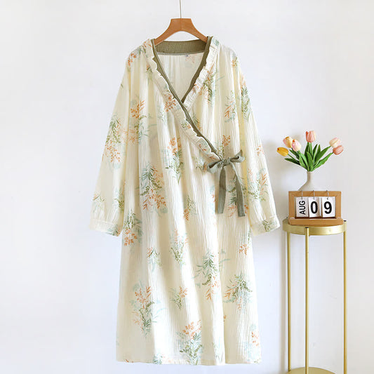 Plant Cotton Gauze Long Sleeve Nightgown with Pocket - L - image 0