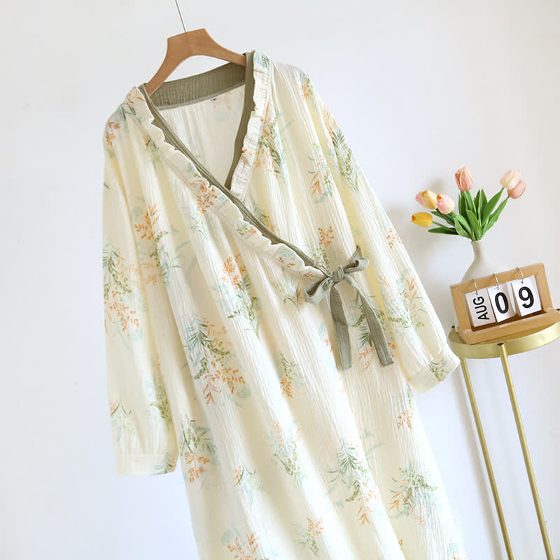 Plant Cotton Gauze Long Sleeve Nightgown with Pocket - image 2