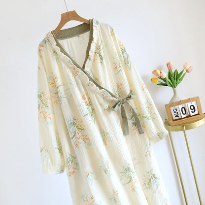 Plant Cotton Gauze Long Sleeve Nightgown with Pocket - image 2