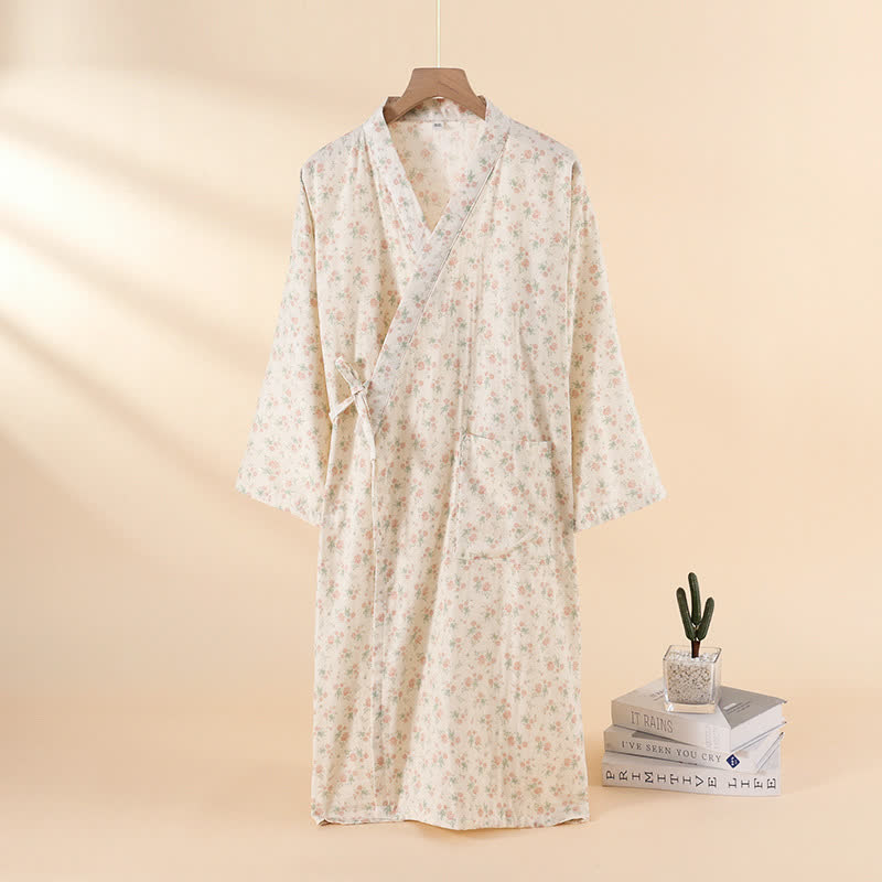Floral Cotton Gauze Nightgown Home Wear - Beige - XL - image 2