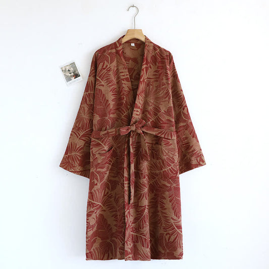 Vintage Yarn-dyed Leaf Jacquard Cotton Bathrobe - L - image 0