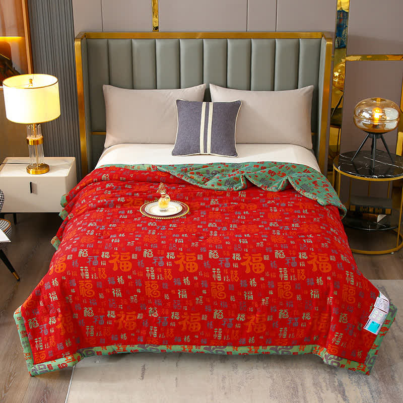 Retro Auspicious Reversible Summer Cotton Quilt - Queen - image 1