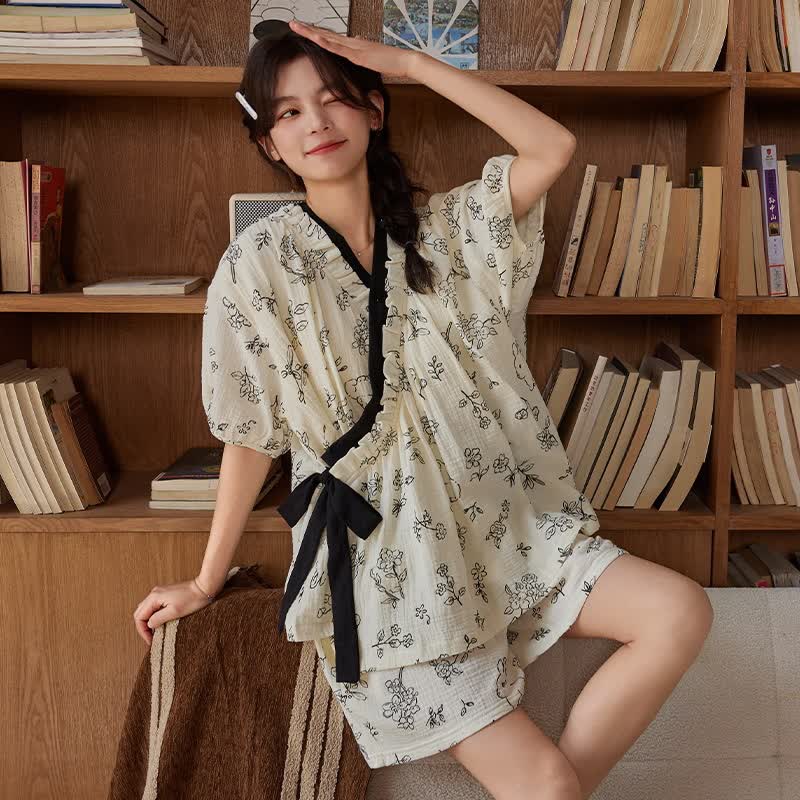 Cute Floral Short Sleeve Bra Free Pajama Set - image 3