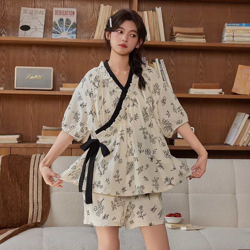 Cute Floral Short Sleeve Bra Free Pajama Set - image 2