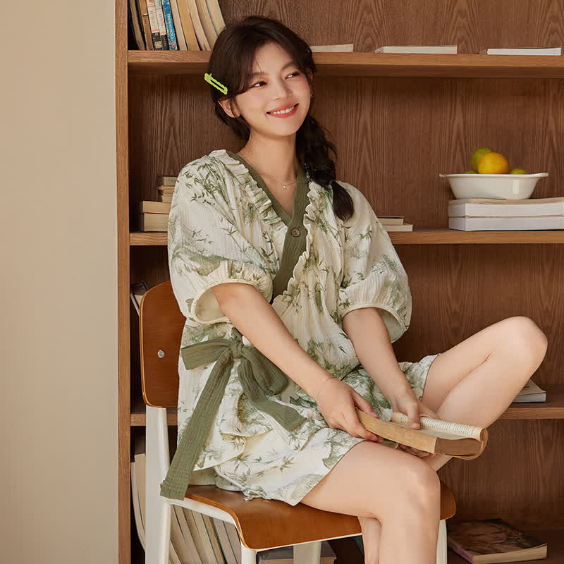 Bamboo Print Short Sleeve Bra Free Pajama Set - image 2