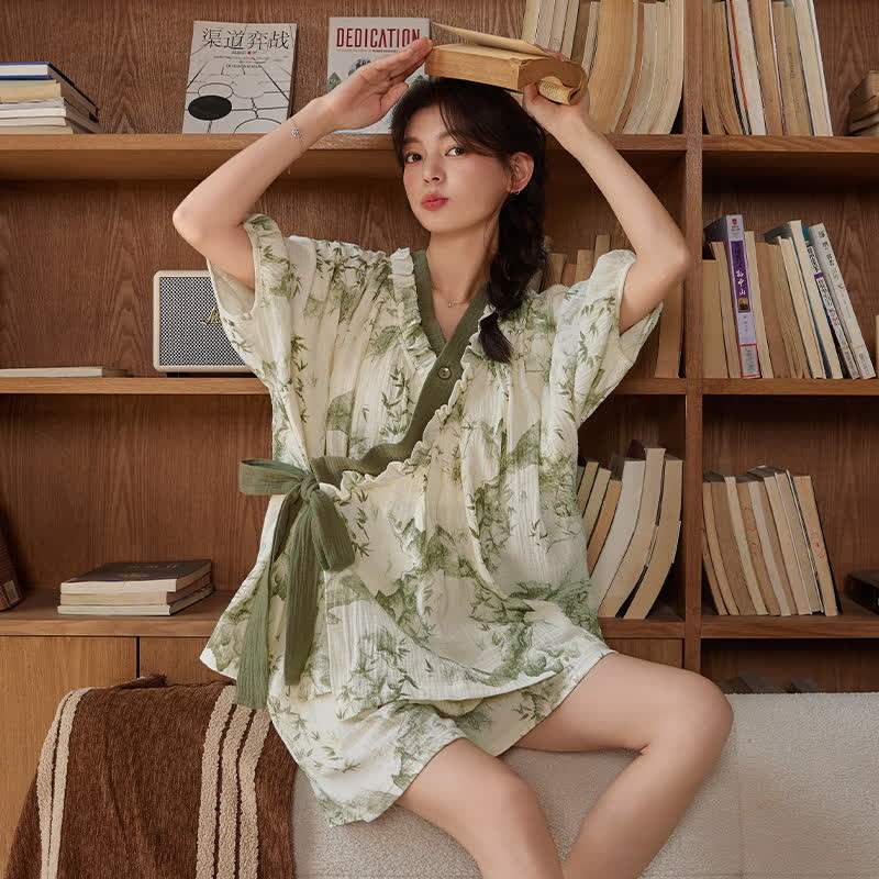 Bamboo Print Short Sleeve Bra Free Pajama Set - image 4