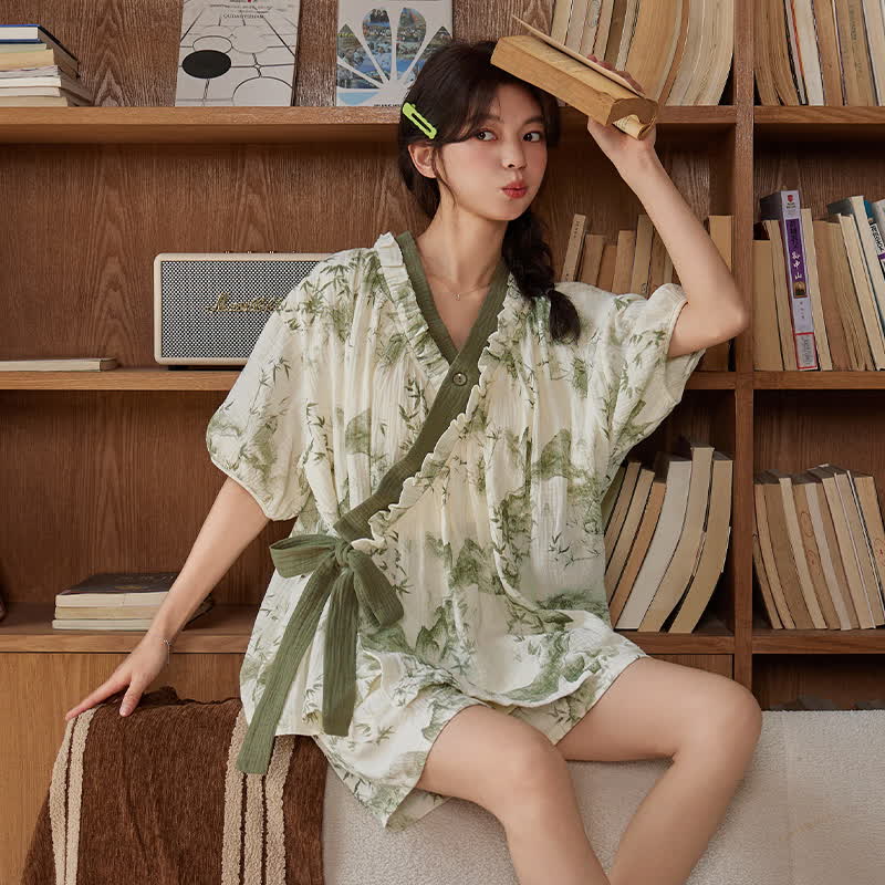 Bamboo Print Short Sleeve Bra Free Pajama Set - 2XL - image 0