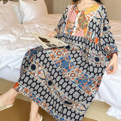 Plus Size Long Sleeve Ethnic Style Nightdress - Blue - 4XL - image 2