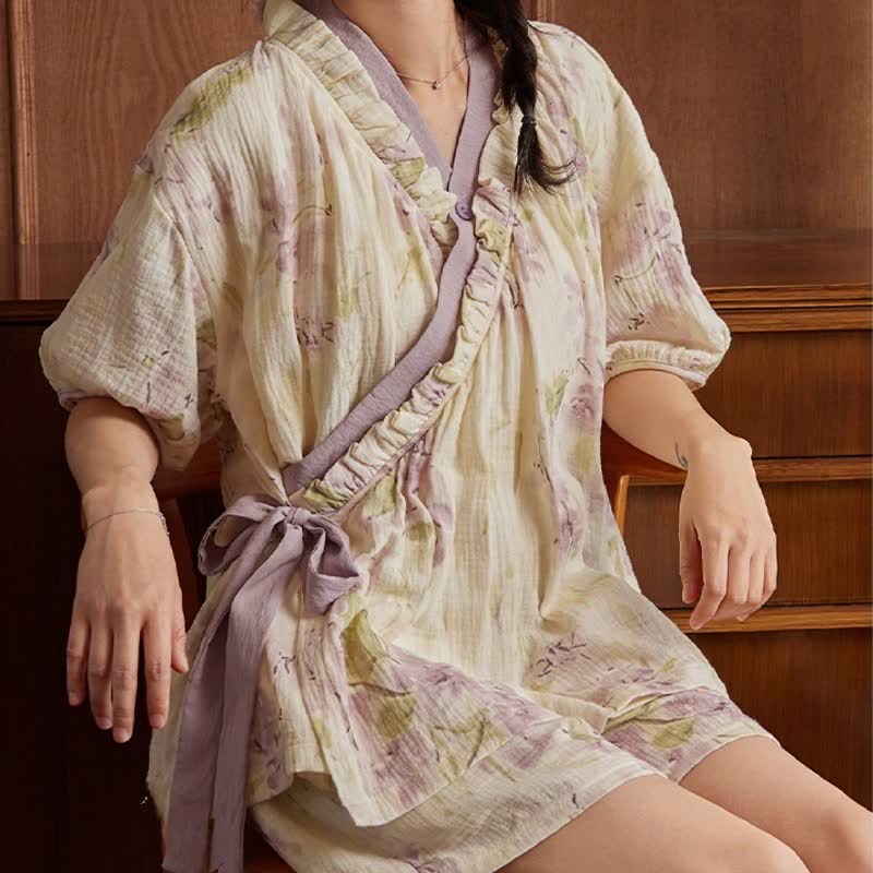 Elegant Floral Short Sleeve Bra Free Pajama Set - image 3
