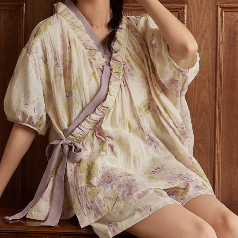 Elegant Floral Short Sleeve Bra Free Pajama Set - image 4